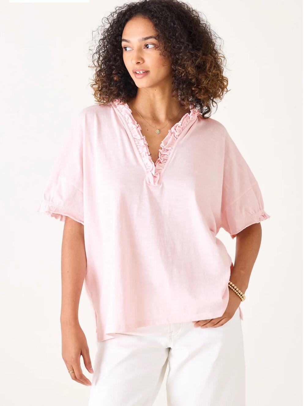 Mersea Amelia Ruffle Tee OS Rose Quartz Oversized V-Neck Boxy Top Coastal chic